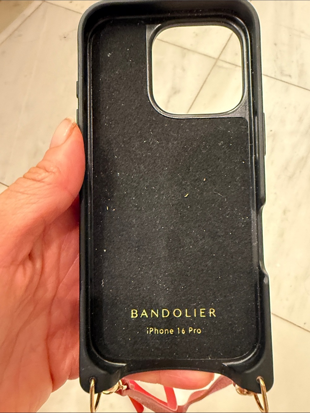 Bandolier Black Leather Phone Case with Red Adjustable Strap iPhone 16 Pro - Picture 2 of 4
